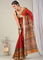 Pure Linen Cotton Red Casual Wear Pure Hand Work Saree